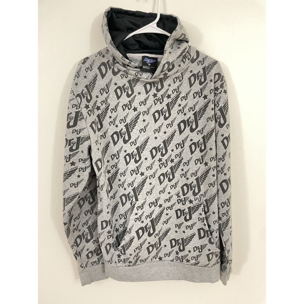 Julius Erving Dr J Hoodie Mens All Over Print Grey Basketball Pullover Size M